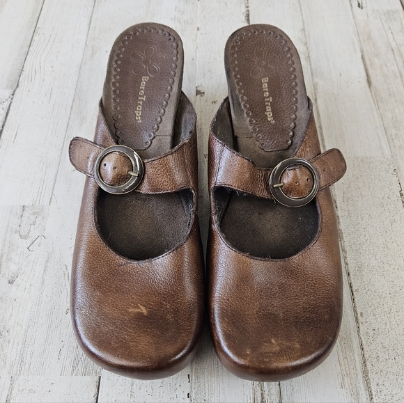 Baretraps Mary Jane Brown Leather Slip On Clogs Lagenlook Boho - Picture 1 of 8
